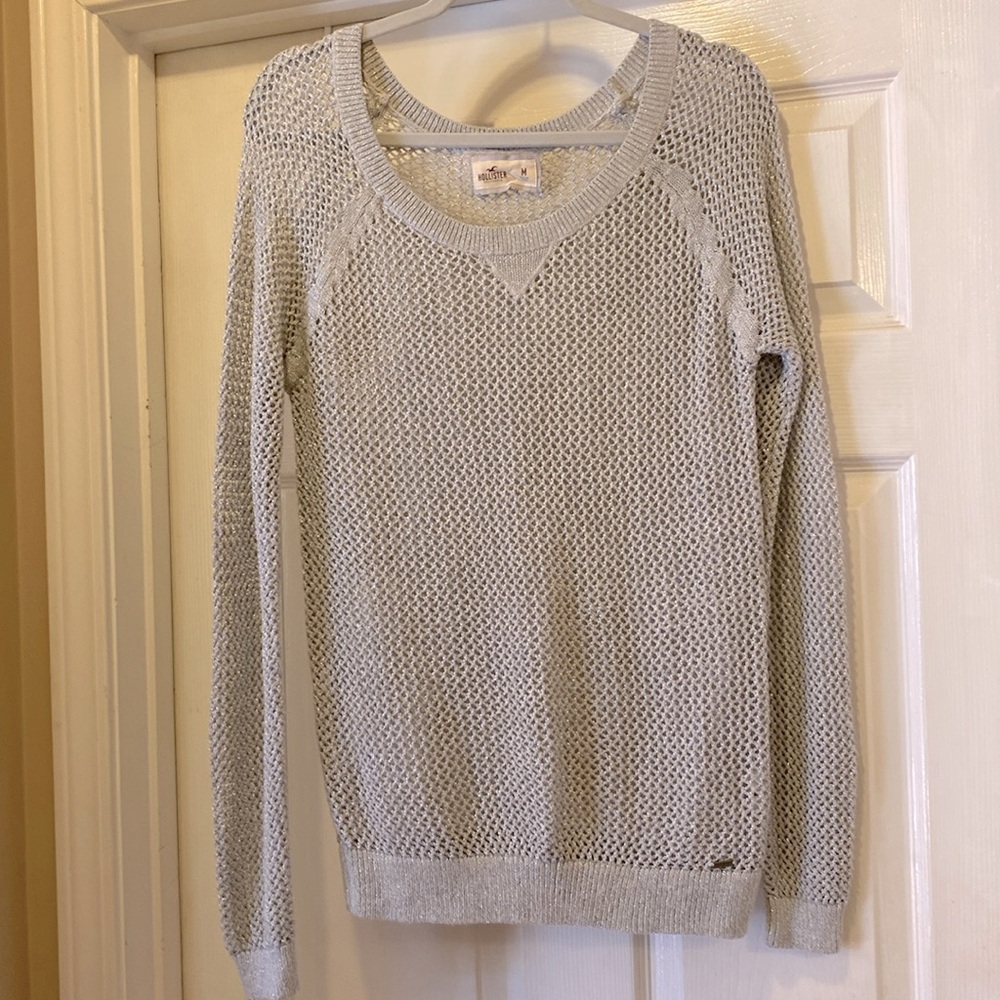 Hollist sweater size Medium silver crew neck mesh holiday wear